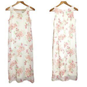 Vintage Floral Midi Dress White Pink Sleeveless Size 6P Easter Feminine